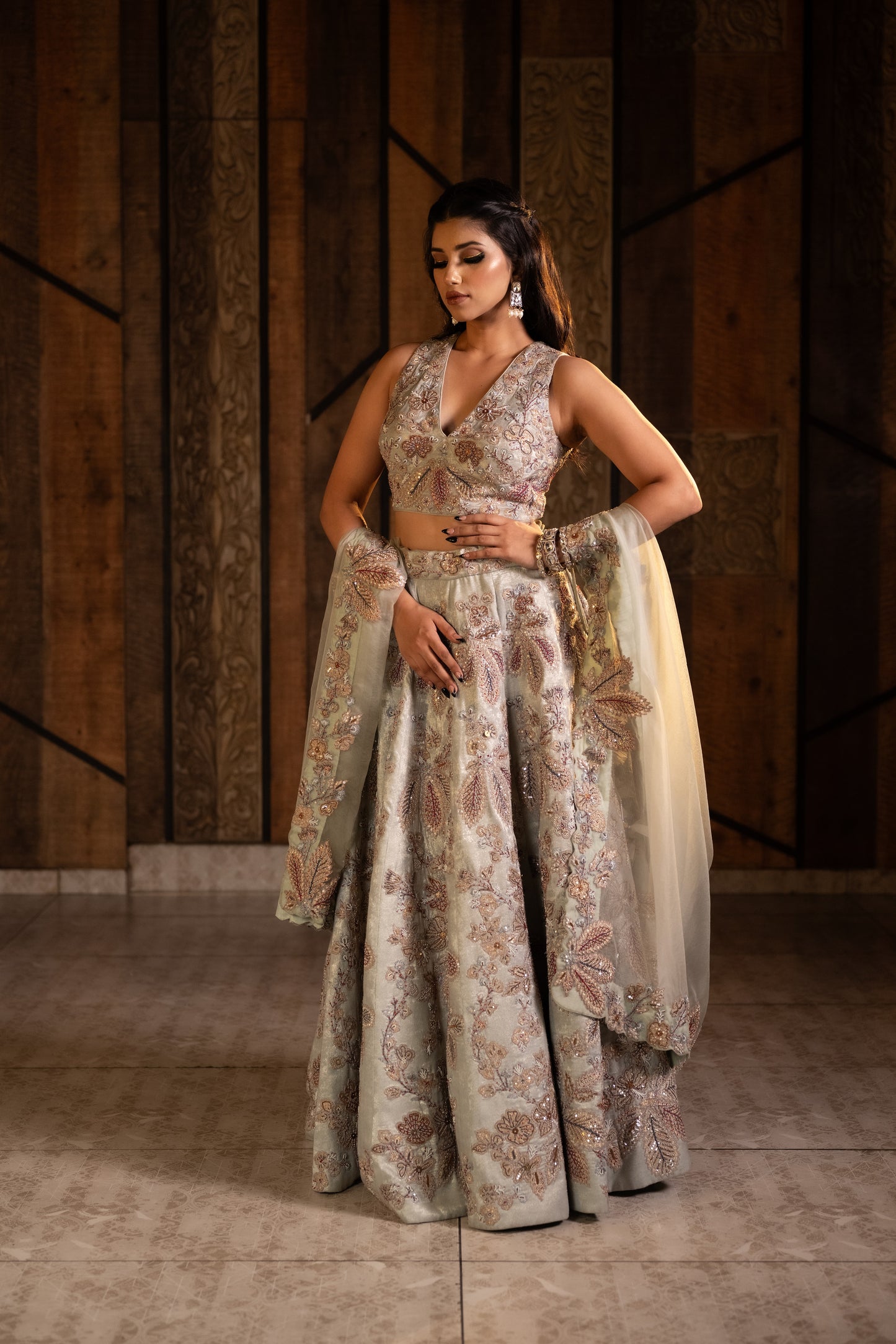 A Symphony of Tradition in Ice Mint Green Organza Lehenga